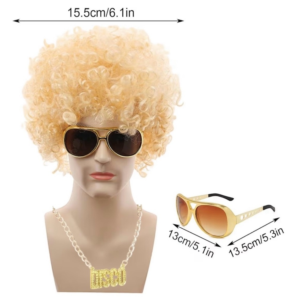 2 for $30 🆕70s Disco Wig, Sunglasses and Big Gold Chain Set